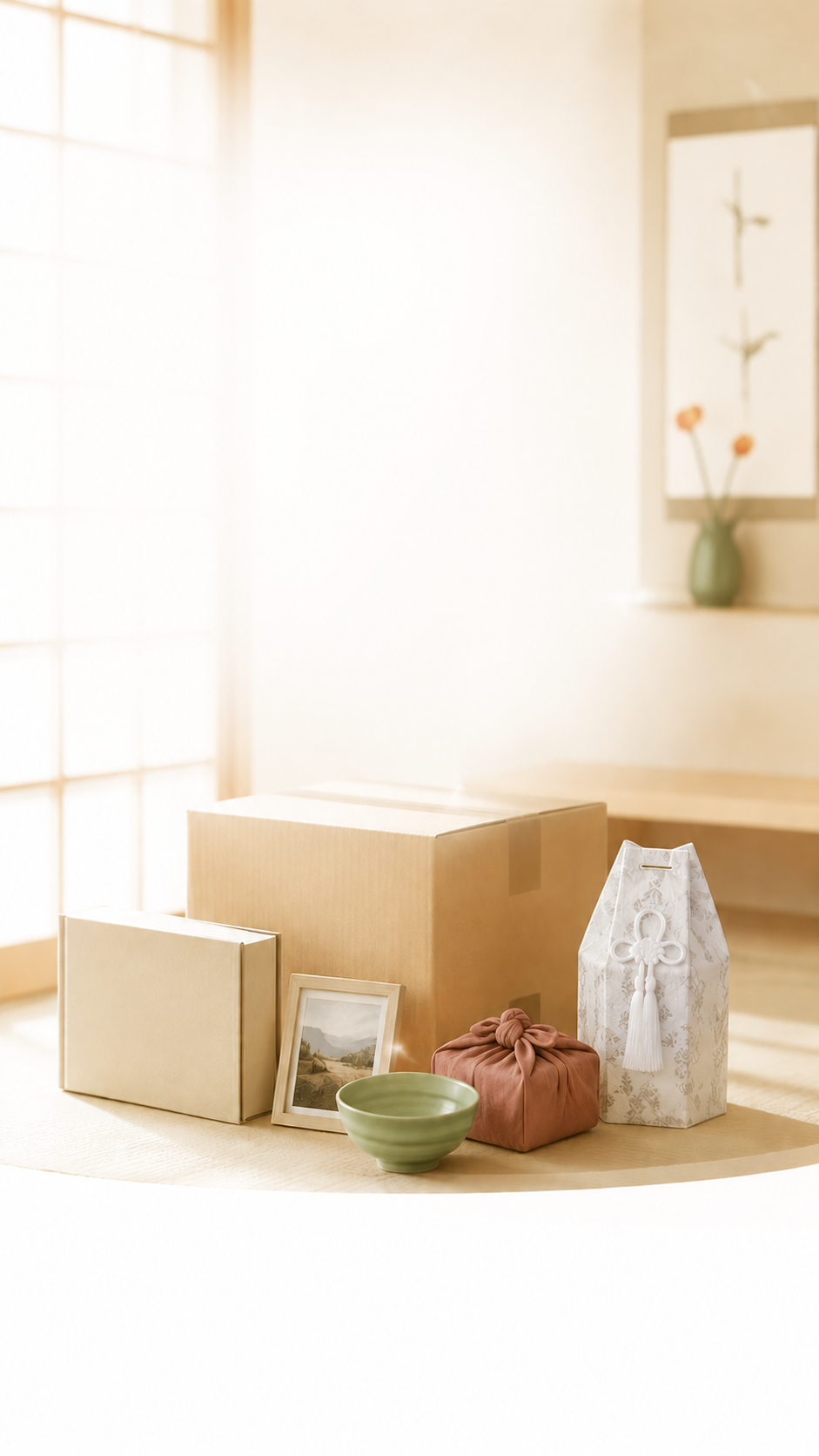 和室に並ぶ段ボール・思い出の品・供養品