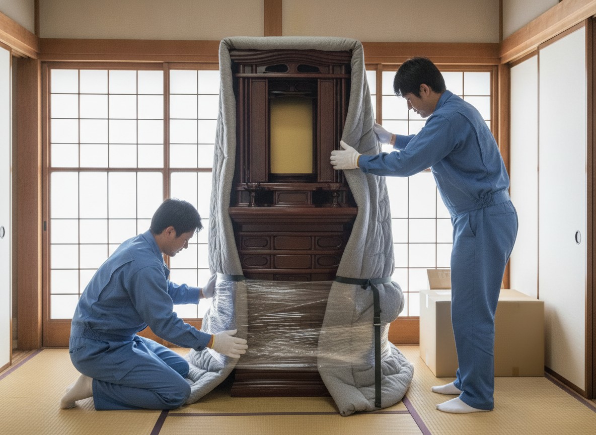 仏壇を養生して運ぶ作業員