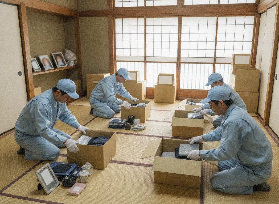 遺品を丁寧に仕分けする作業員