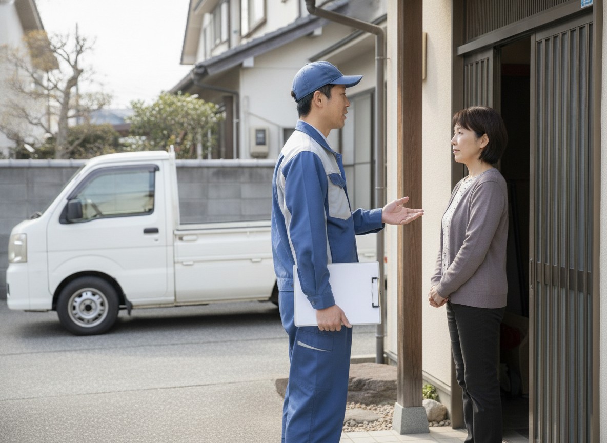 家財処分の依頼内容を確認する作業員と依頼者